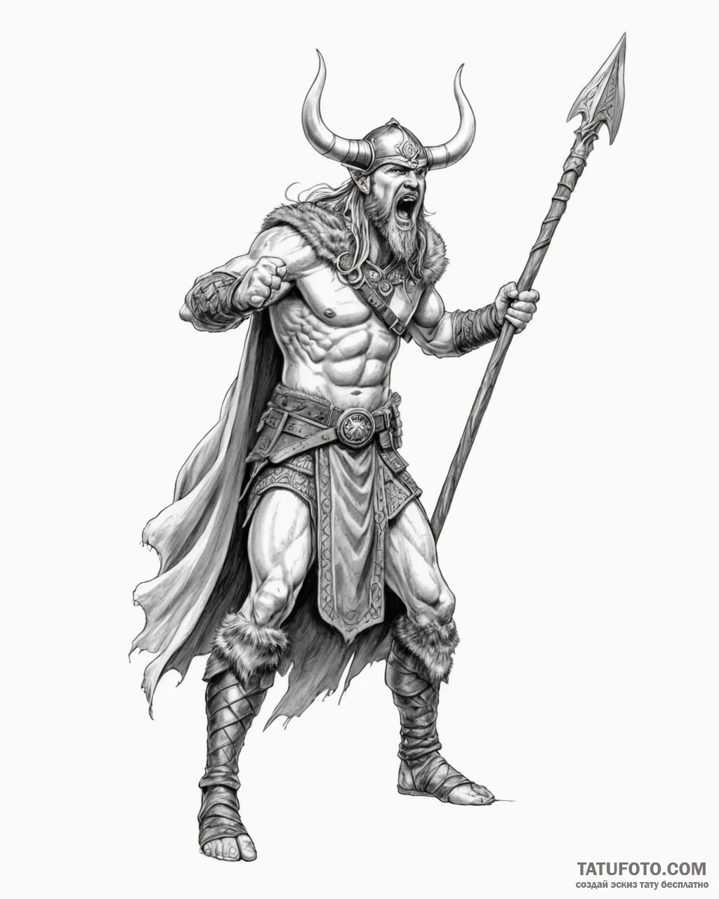Tattoo sketch, viking warrior shouting with s... - эскиз тату (№1753626816_0, 27.07.2025 14:33) — Tatufoto.com