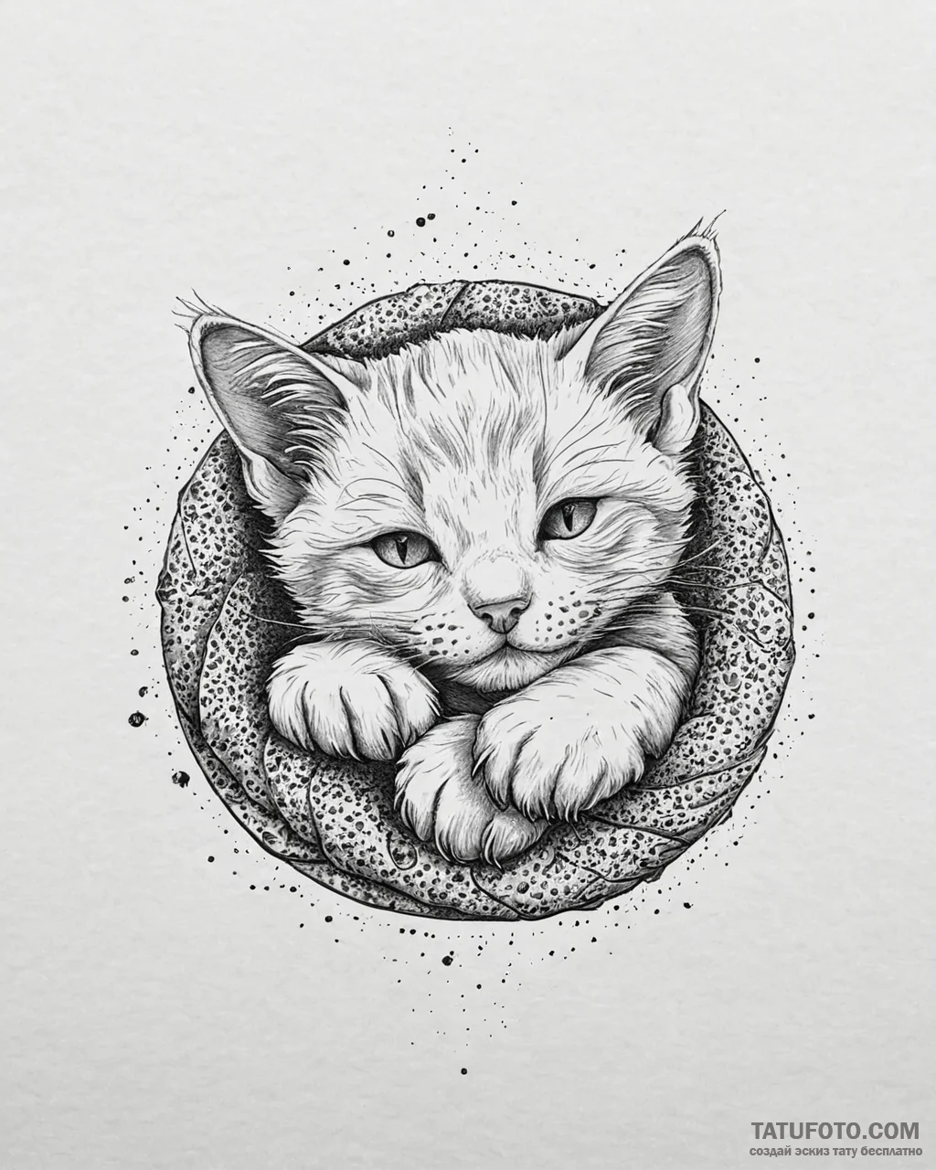Tat tattoo sketch, playful kitten curled in s... - эскиз тату (№1753627866_0, 27.07.2025 14:51) — Tatufoto.com