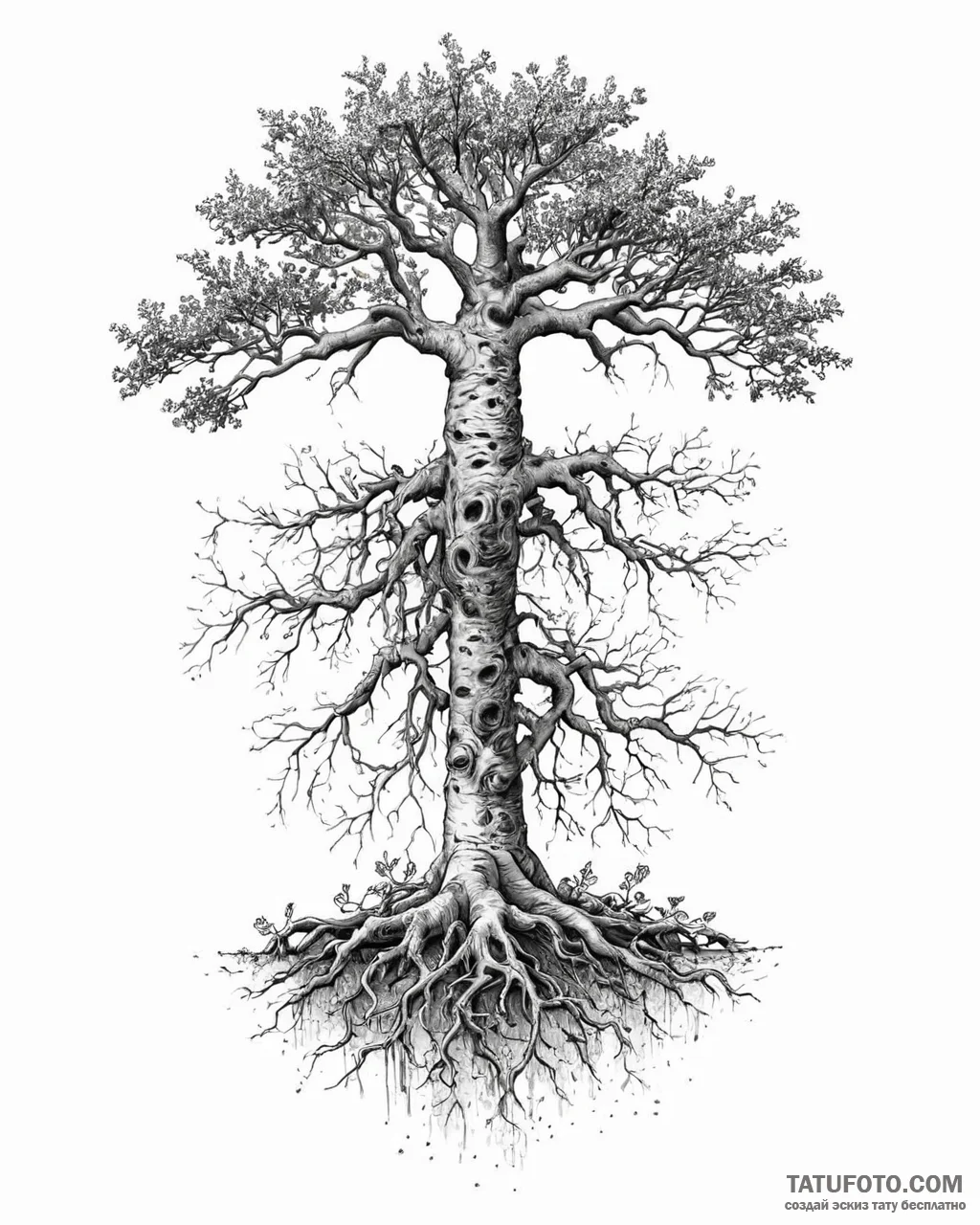 Tattoo sketch, ancient oak roots sprawling in... - эскиз тату (№1753628271_0, 27.07.2025 14:57) — Tatufoto.com