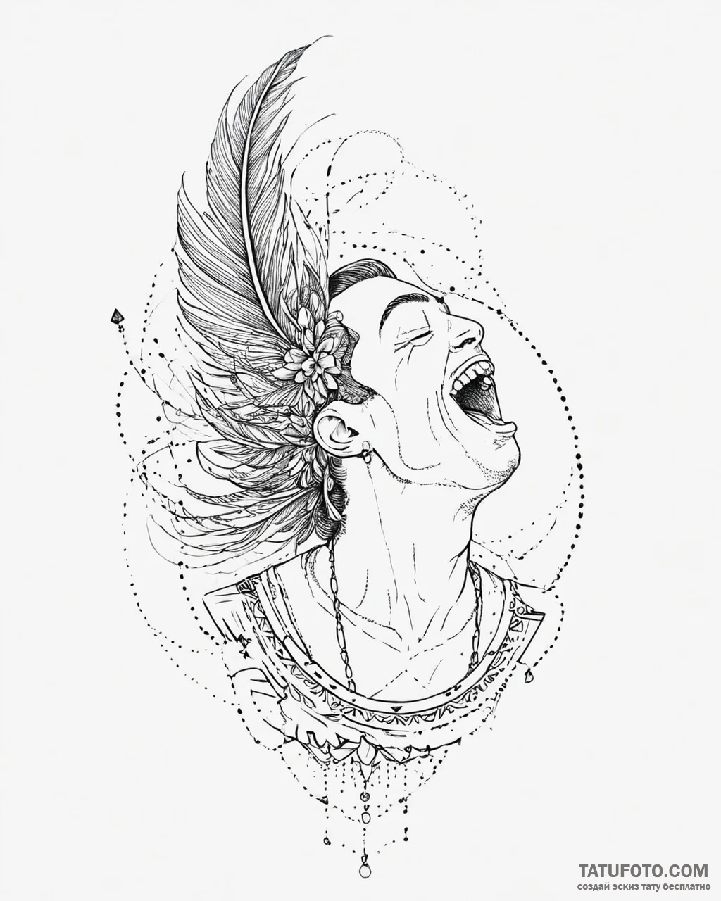 Tattoo sketch, tulio laughing with feathers f... - эскиз тату (№1753629069_0, 27.07.2025 15:11) — Tatufoto.com