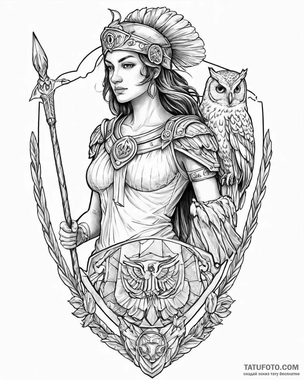 Tattoo sketch, athena with owl perched on sho... - эскиз тату (№1753629477_0, 27.07.2025 15:17) — Tatufoto.com