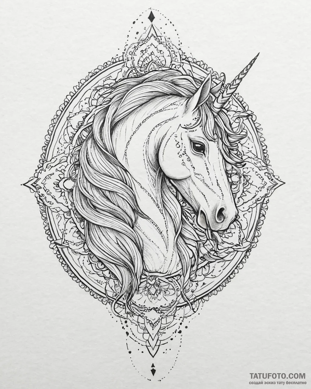 Tattoo sketch, unicorn with flowing mane of s... - эскиз тату (№1753629680_0, 27.07.2025 15:21) — Tatufoto.com