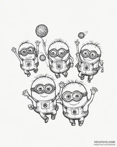 Tattoo sketch, minions dancing with disco bal... - эскиз тату (№1753630887_0, 27.07.2025 15:41) — Tatufoto.com
