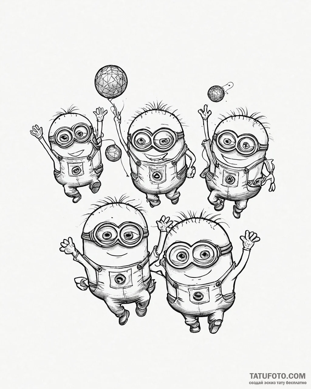 Tattoo sketch, minions dancing with disco bal... - эскиз тату (№1753630887_0, 27.07.2025 15:41) — Tatufoto.com