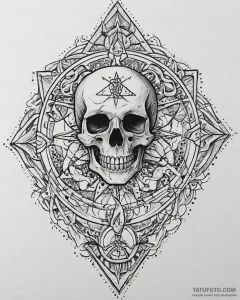 Tattoo sketch, skull decorated with mystical... - эскиз тату (№1753631688_0, 27.07.2025 15:54) — Tatufoto.com