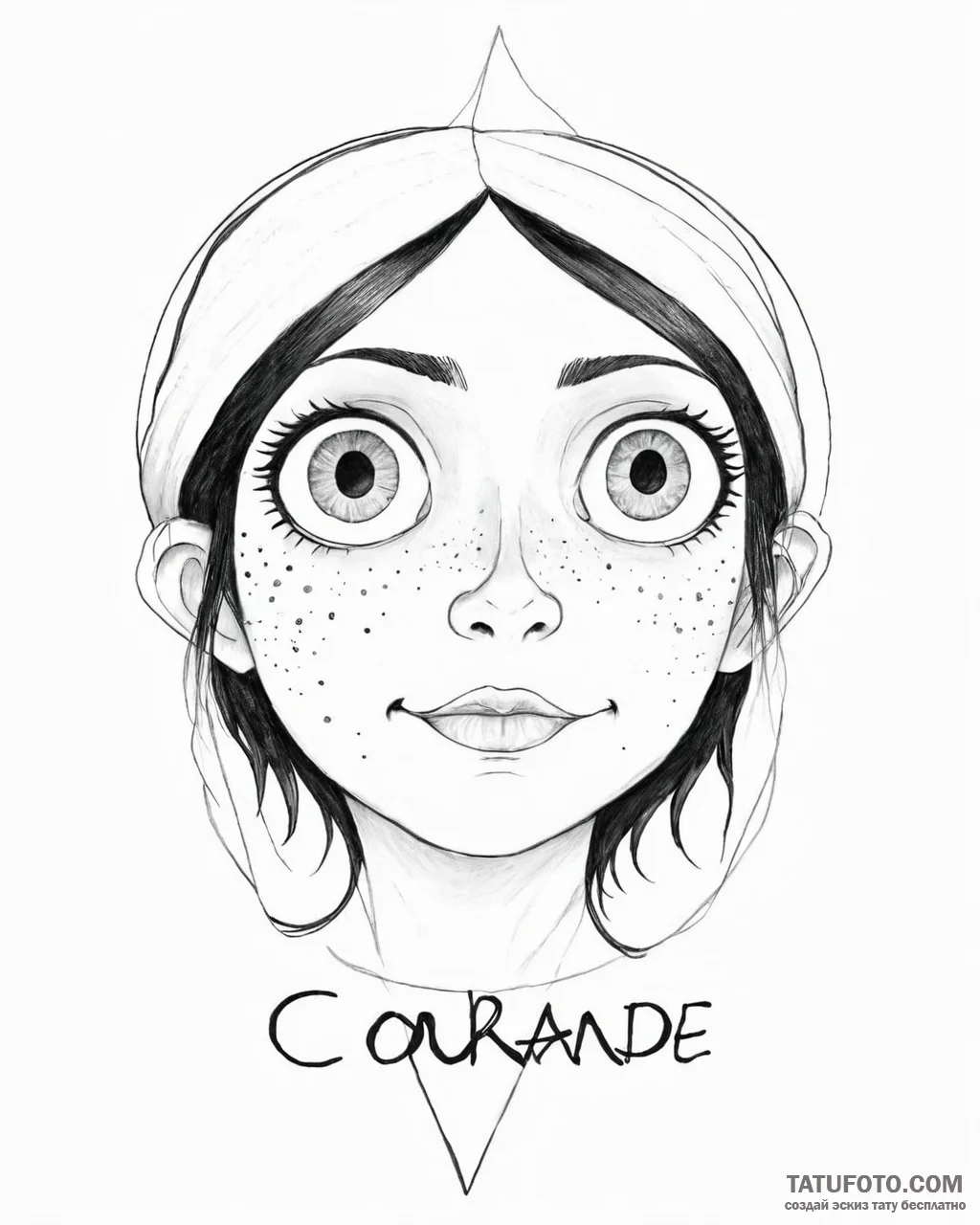 Tattoo sketch, coraline eyes glowing with cou... - эскиз тату (№1753633525_0, 27.07.2025 16:25) — Tatufoto.com