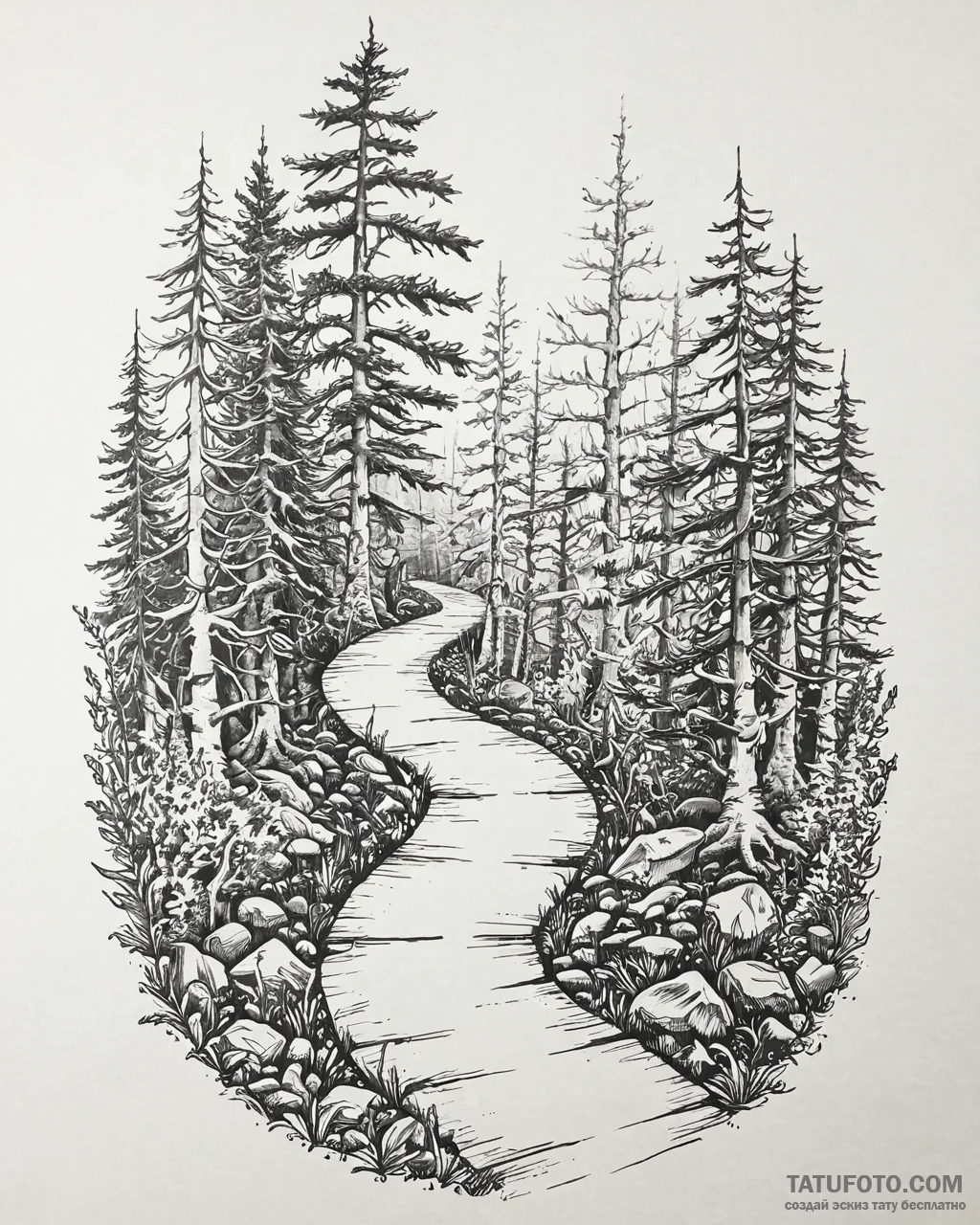 Tat tattoo sketch, forest path winding betwee... - эскиз тату (№1753633938_0, 27.07.2025 16:32) — Tatufoto.com