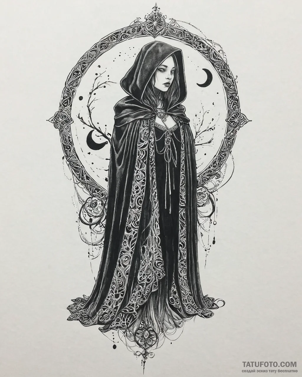 Tat tattoo sketch, goth figure in flowing bla... - эскиз тату (№1753634934_0, 27.07.2025 16:48) — Tatufoto.com
