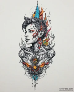Tat tattoo sketch, cyberpunk humanoid with ne... - эскиз тату (№1753637967_0, 27.07.2025 17:39) — Tatufoto.com