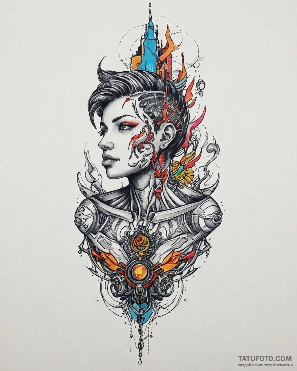 Tat tattoo sketch, cyberpunk humanoid with ne... - эскиз тату (№1753637967_0, 27.07.2025 17:39) — Tatufoto.com