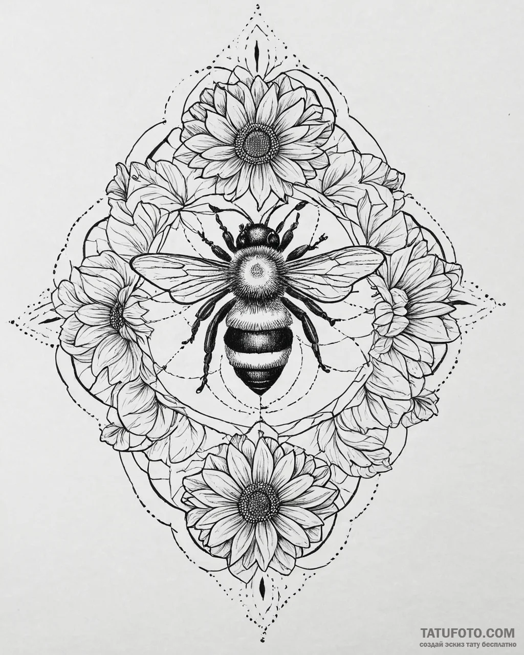 Tat tattoo sketch, busy bee collecting nectar... - эскиз тату (№1753638993_0, 27.07.2025 17:56) — Tatufoto.com