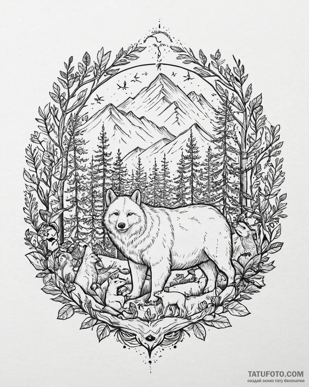 Tattoo sketch, koda and kenai surrounded by w... - эскиз тату (№1753639998_0, 27.07.2025 18:13) — Tatufoto.com