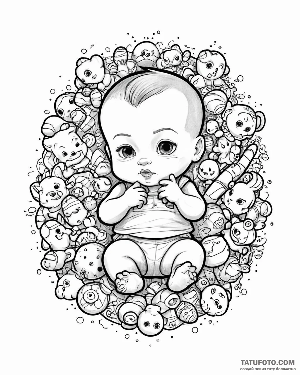 Tattoo sketch, boss baby surrounded by baby t... - эскиз тату (№1753640405_0, 27.07.2025 18:20) — Tatufoto.com
