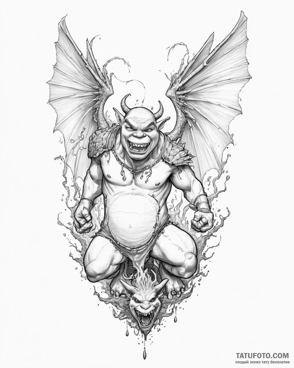 Eskizto, tattoo sketch, shrek roaring with dr... - эскиз тату (№1753641439_0, 27.07.2025 18:37) — Tatufoto.com