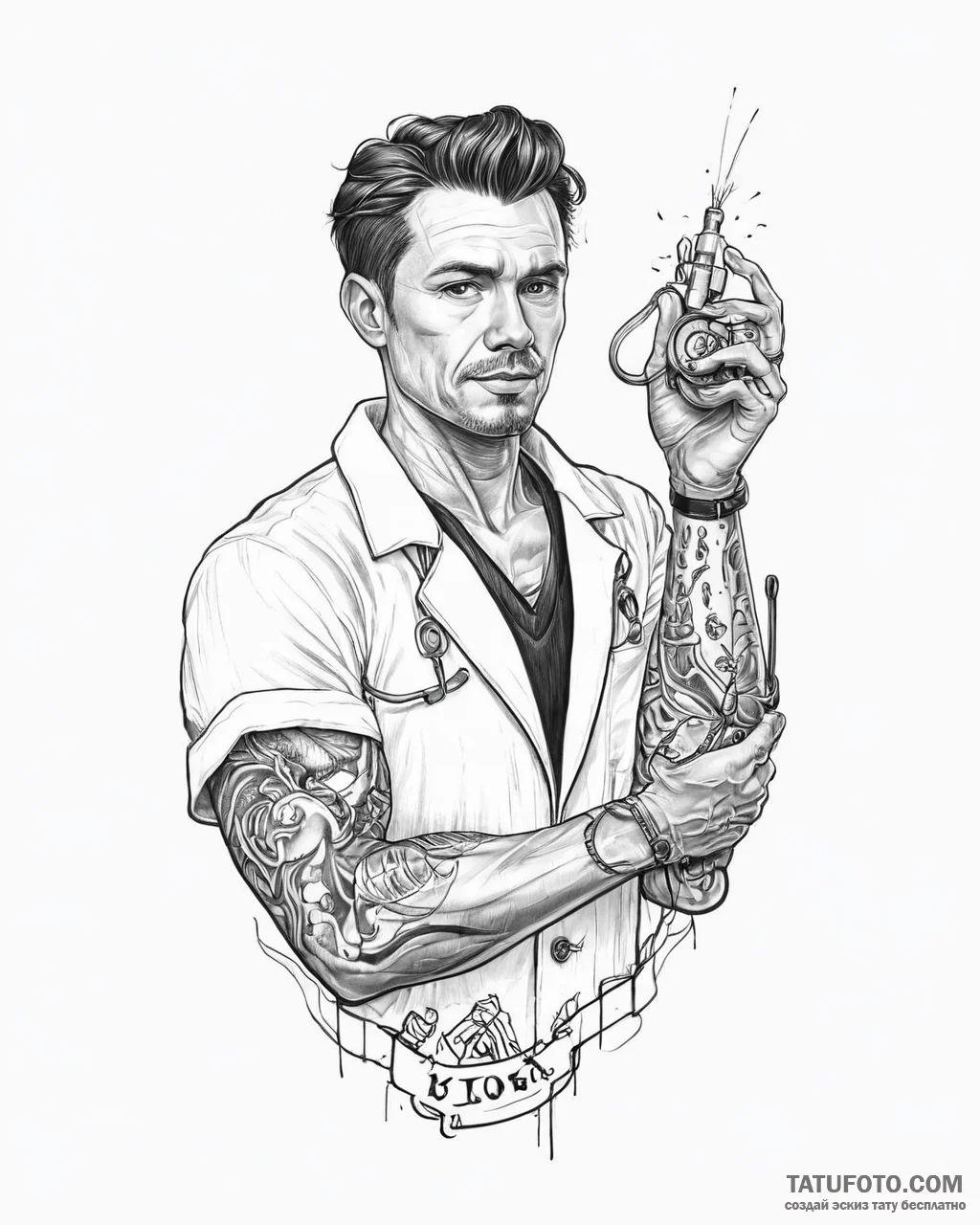 Tattoo sketch, doctor chiba holding dream dev... - эскиз тату (№1753642239_0, 27.07.2025 18:50) — Tatufoto.com