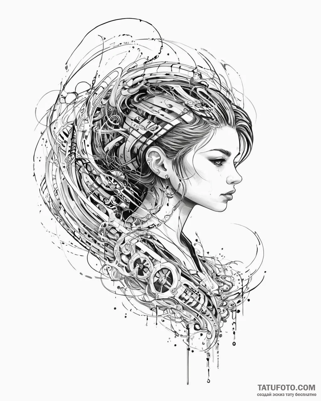 Tattoo sketch, katie hacking with streams of... - эскиз тату (№1753643635_0, 27.07.2025 19:13) — Tatufoto.com