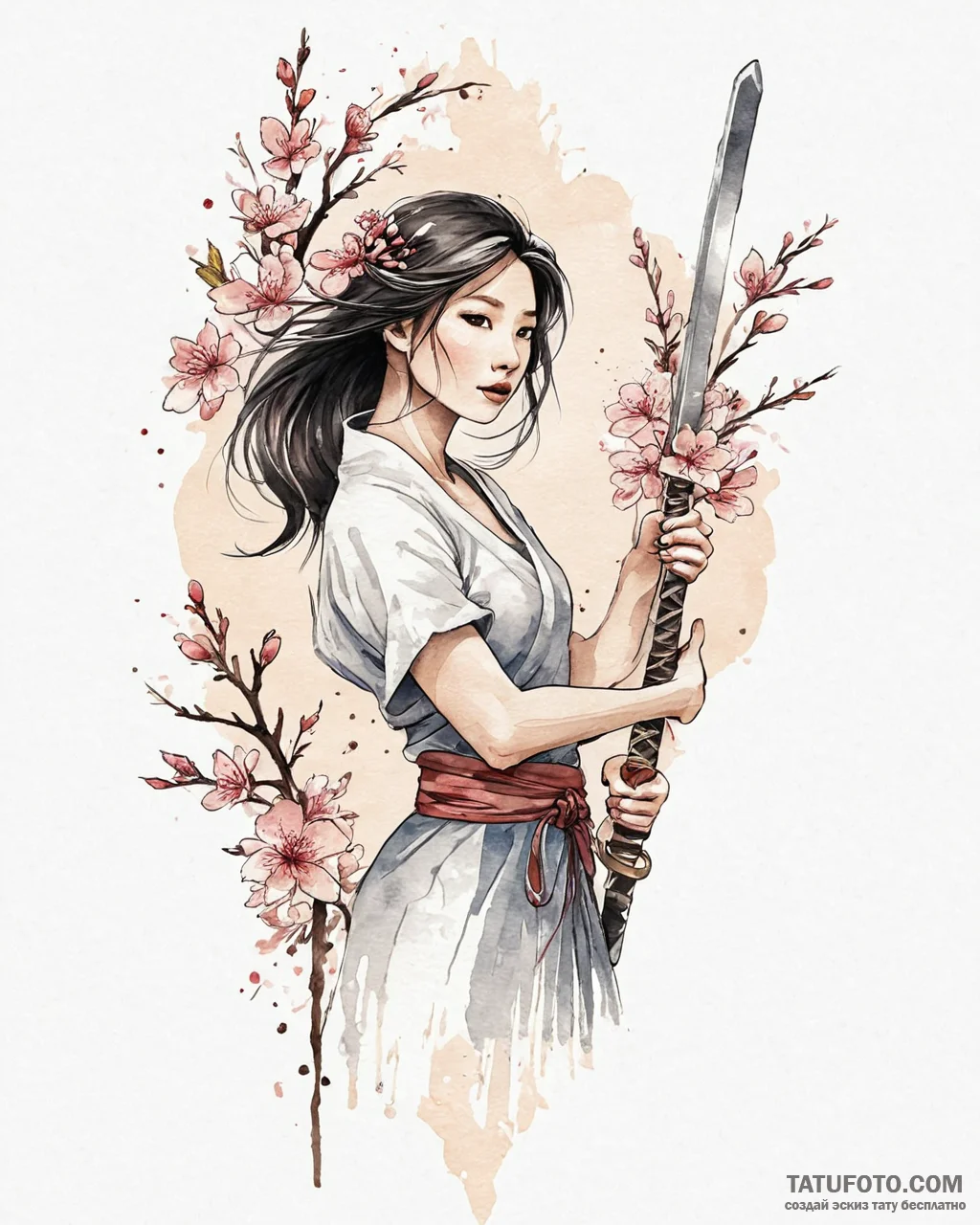 Tattoo sketch, mulan with sword and cherry bl... - эскиз тату (№1753643835_0, 27.07.2025 19:17) — Tatufoto.com