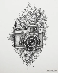 Tat tattoo sketch, vintage camera lens reflec... - эскиз тату (№1753644437_0, 27.07.2025 19:27) — Tatufoto.com