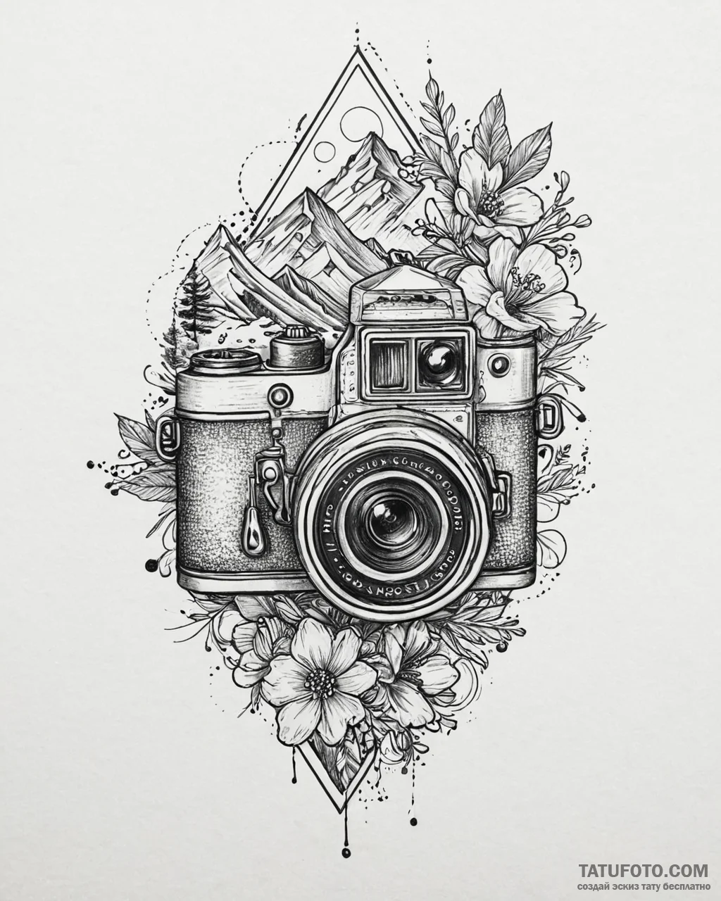 Tat tattoo sketch, vintage camera lens reflec... - эскиз тату (№1753644437_0, 27.07.2025 19:27) — Tatufoto.com