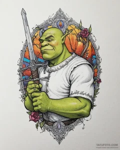 Eskizto, tattoo sketch, shrek holding enchant... - эскиз тату (№1753647882_0, 27.07.2025 20:24) — Tatufoto.com