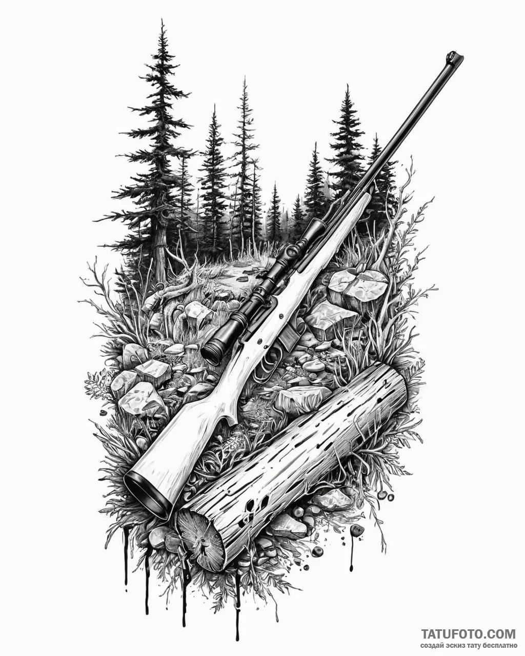 Tat tattoo sketch, hunter’s rifle resting on... - эскиз тату (№1753648890_0, 27.07.2025 20:41) — Tatufoto.com