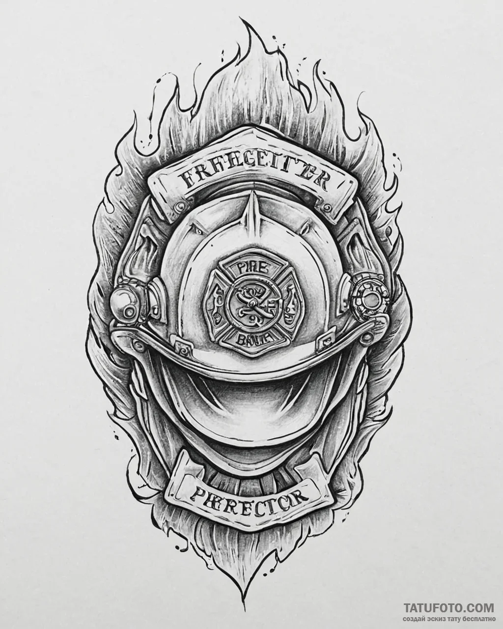 Tat tattoo sketch, firefighter helmet with sm... - эскиз тату (№1753650953_0, 27.07.2025 21:15) — Tatufoto.com