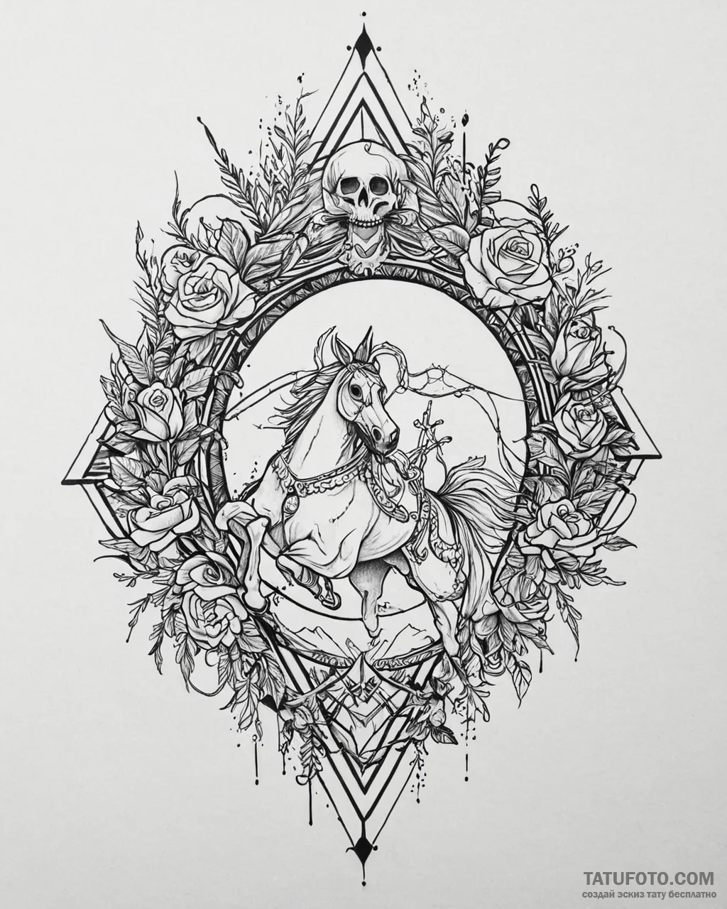 Tattoo sketch, spirit galloping through prair... - эскиз тату (№1753653939_0, 27.07.2025 22:05) — Tatufoto.com