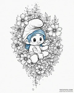 Tattoo sketch, clumsy smurf hiding behind flo... - эскиз тату (№1753654745_0, 27.07.2025 22:19) — Tatufoto.com
