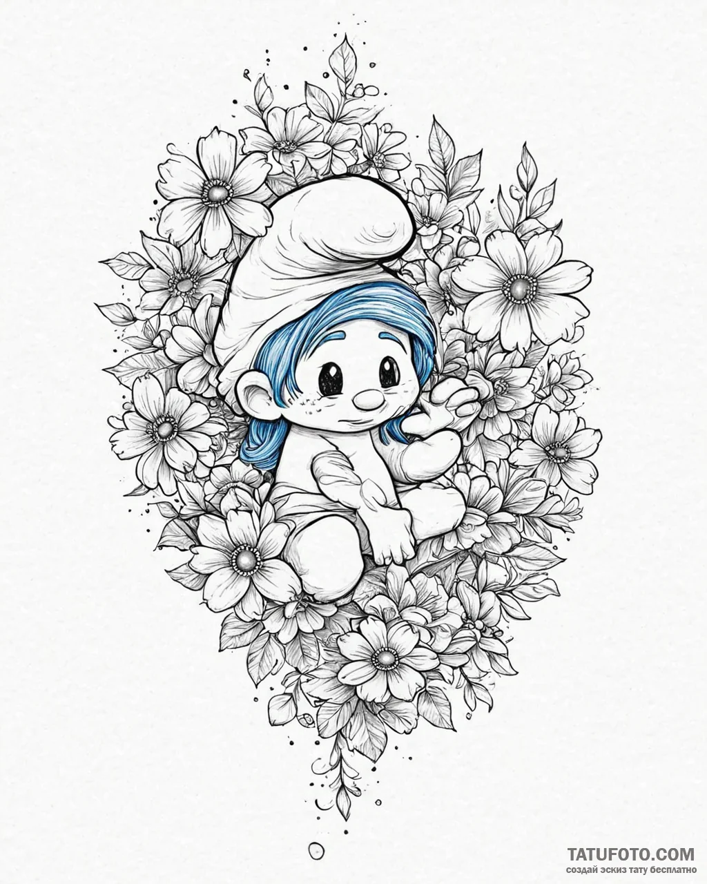 Tattoo sketch, clumsy smurf hiding behind flo... - эскиз тату (№1753654745_0, 27.07.2025 22:19) — Tatufoto.com