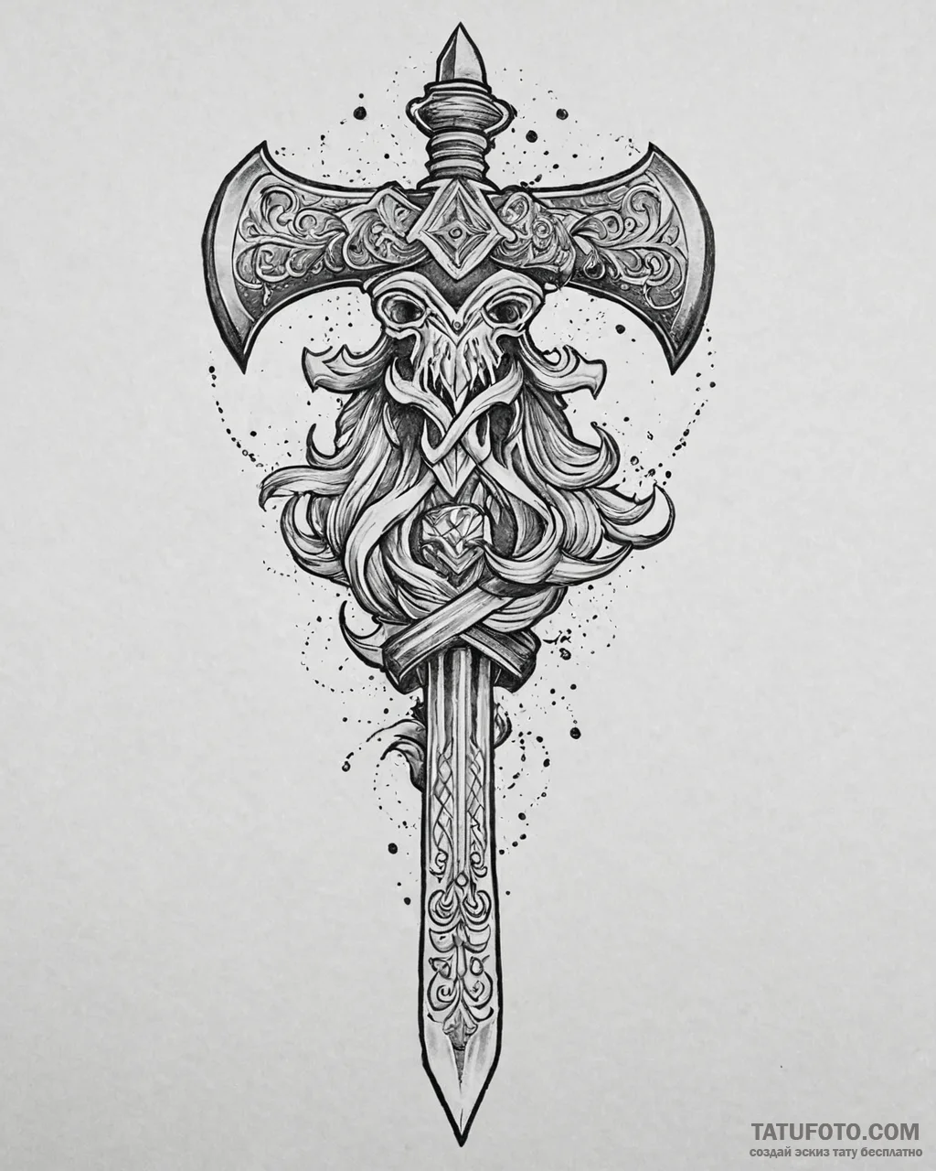 Tattoo sketch, viking axe crossed with asteri... - эскиз тату (№1753659544_0, 27.07.2025 23:39) — Tatufoto.com