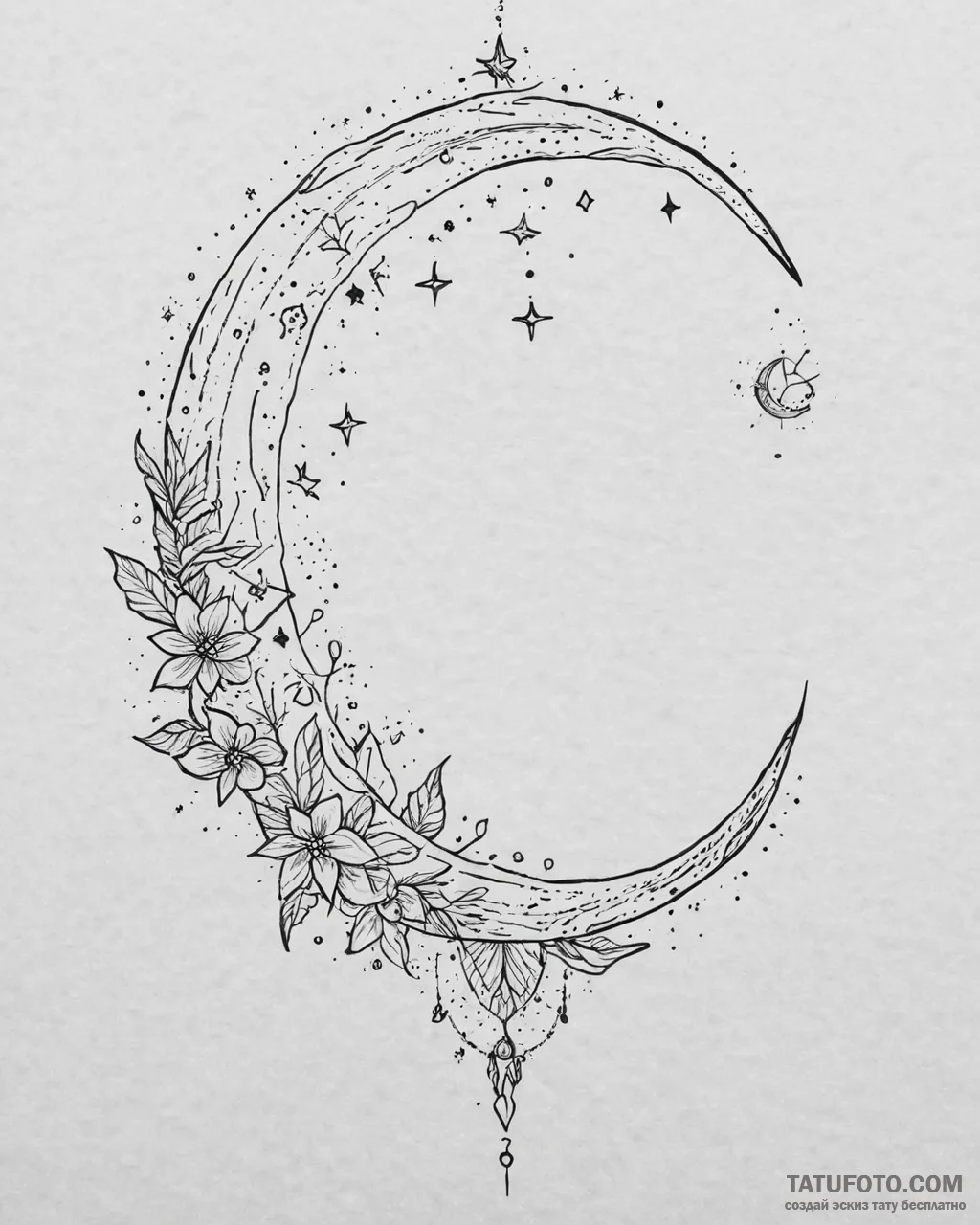 Tattoo sketch, thin crescent moon surrounded... - эскиз тату (№1753661933_0, 28.07.2025 00:18) — Tatufoto.com