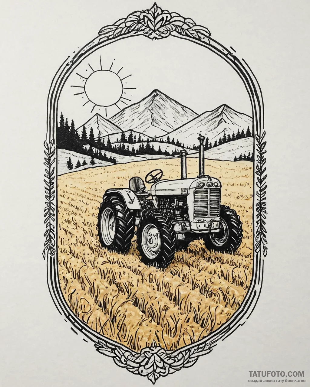 Tat tattoo sketch, farmer’s tractor rolling t... - эскиз тату (№1753662131_0, 28.07.2025 00:22) — Tatufoto.com