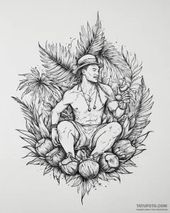 Tattoo sketch, hei hei surrounded by coconuts... - эскиз тату (№1753665533_0, 28.07.2025 01:18) — Tatufoto.com