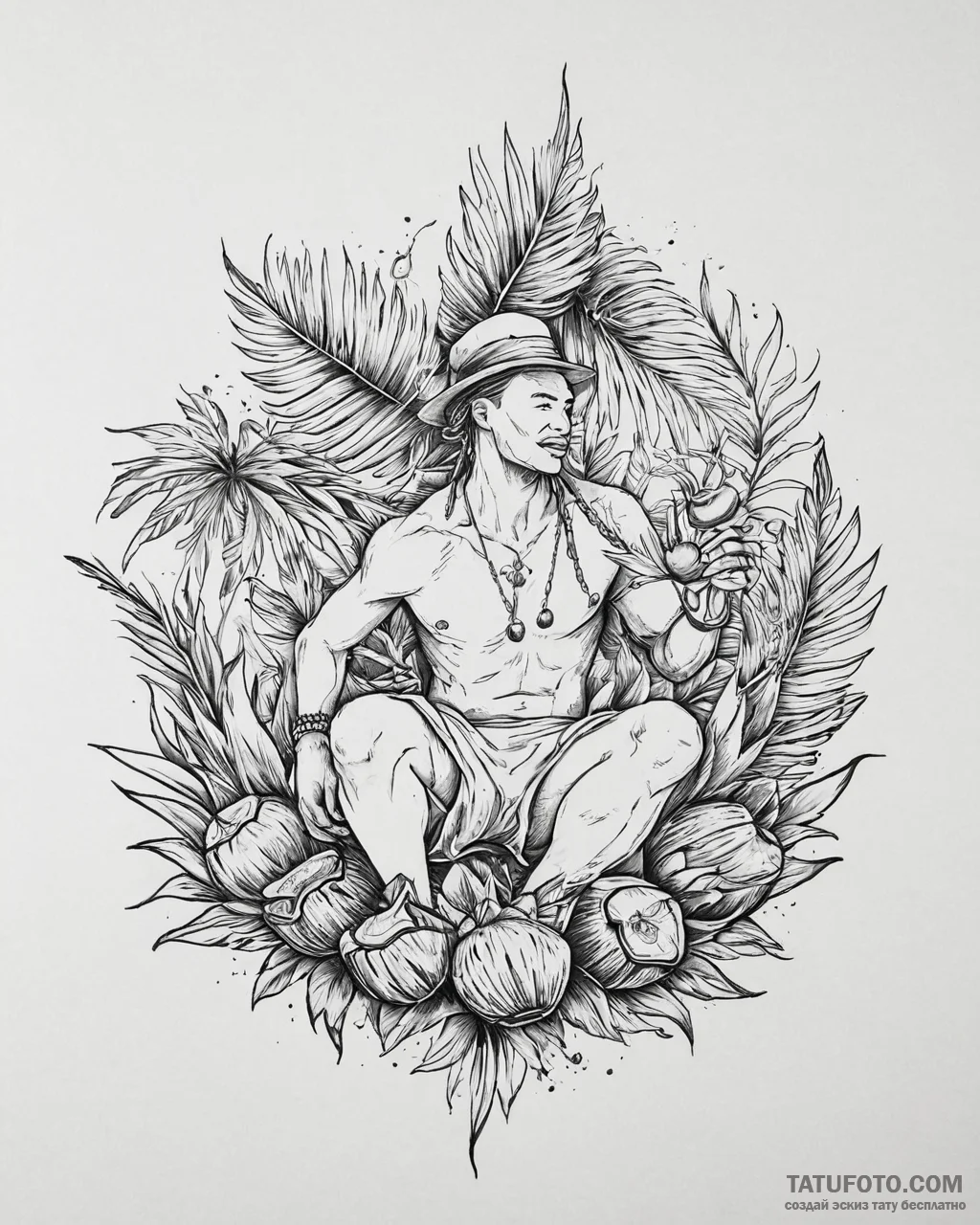 Tattoo sketch, hei hei surrounded by coconuts... - эскиз тату (№1753665533_0, 28.07.2025 01:18) — Tatufoto.com