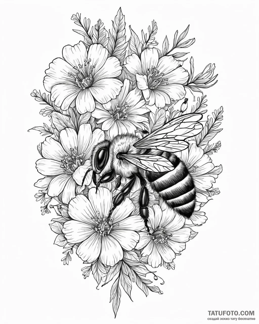 Tattoo sketch, honeybee gathering nectar on b... - эскиз тату (№1753666127_0, 28.07.2025 01:28) — Tatufoto.com