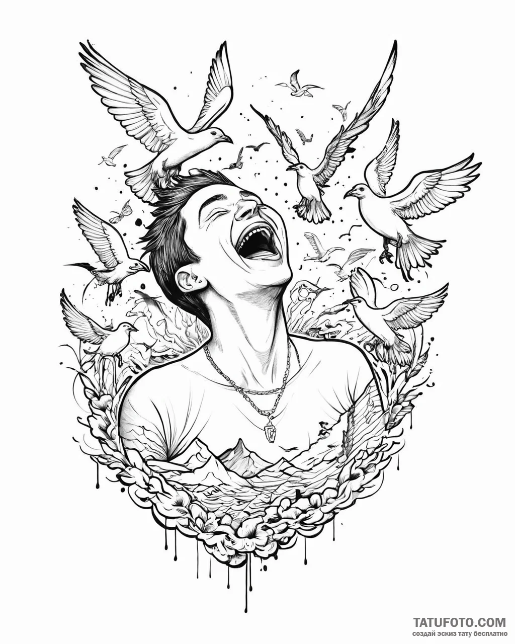 Tattoo sketch, alberto laughing with seagulls... - эскиз тату (№1753666325_0, 28.07.2025 01:32) — Tatufoto.com
