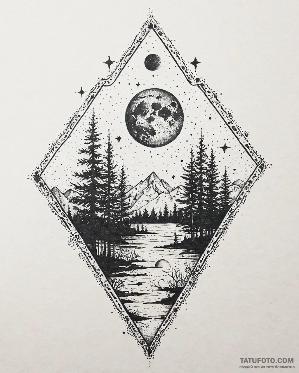 Tattoo sketch, spirit silhouetted against ful... - эскиз тату (№1753666914_0, 28.07.2025 01:41) — Tatufoto.com