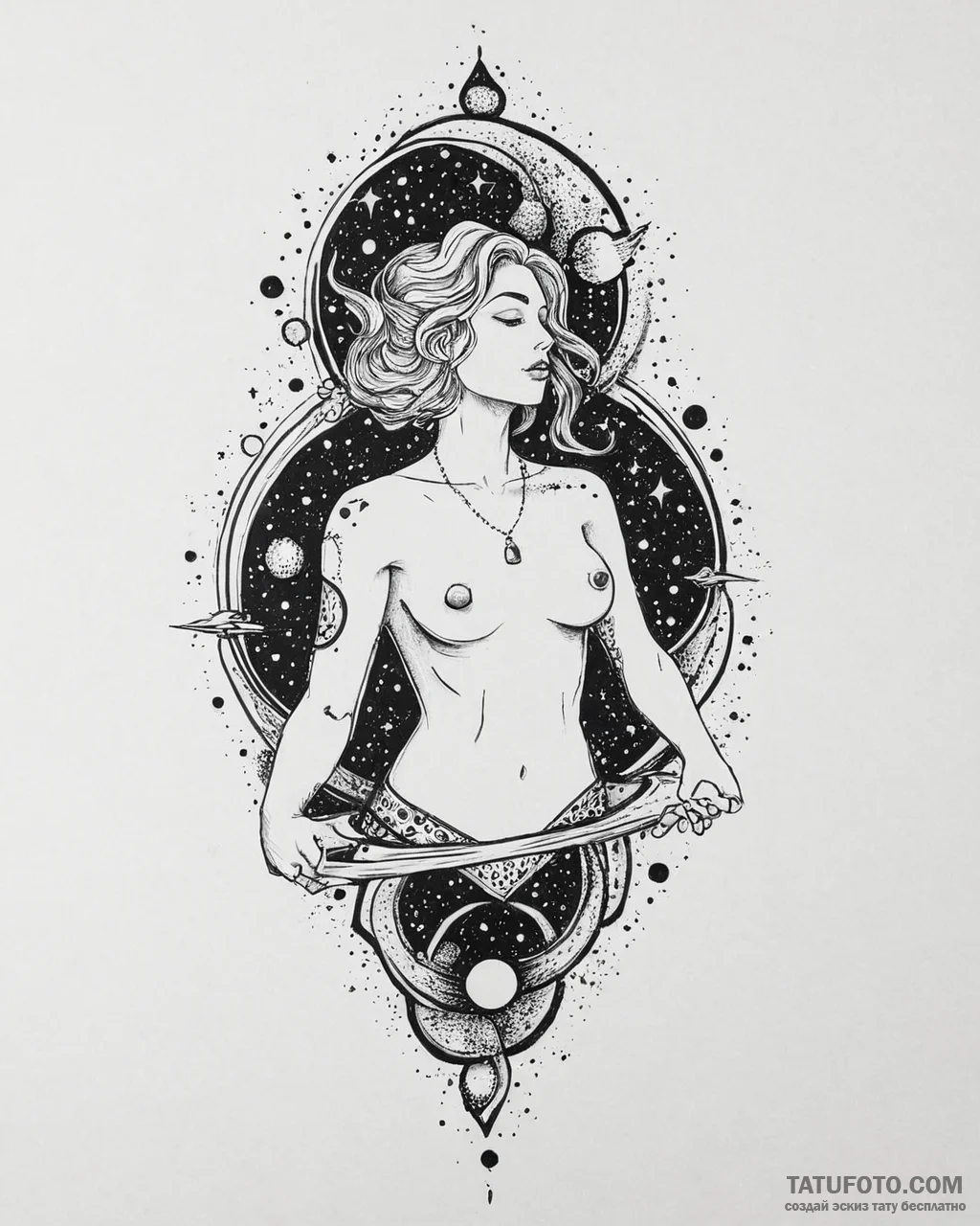 Tat tattoo sketch, cosmic mythological figure... - эскиз тату (№1753667896_0, 28.07.2025 01:58) — Tatufoto.com