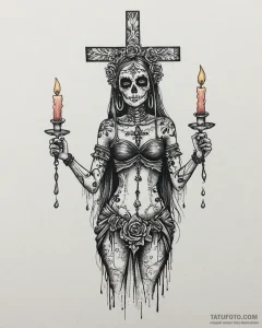 Tat tattoo sketch, la muerte dancing with can... - эскиз тату (№1753668093_0, 28.07.2025 02:01) — Tatufoto.com