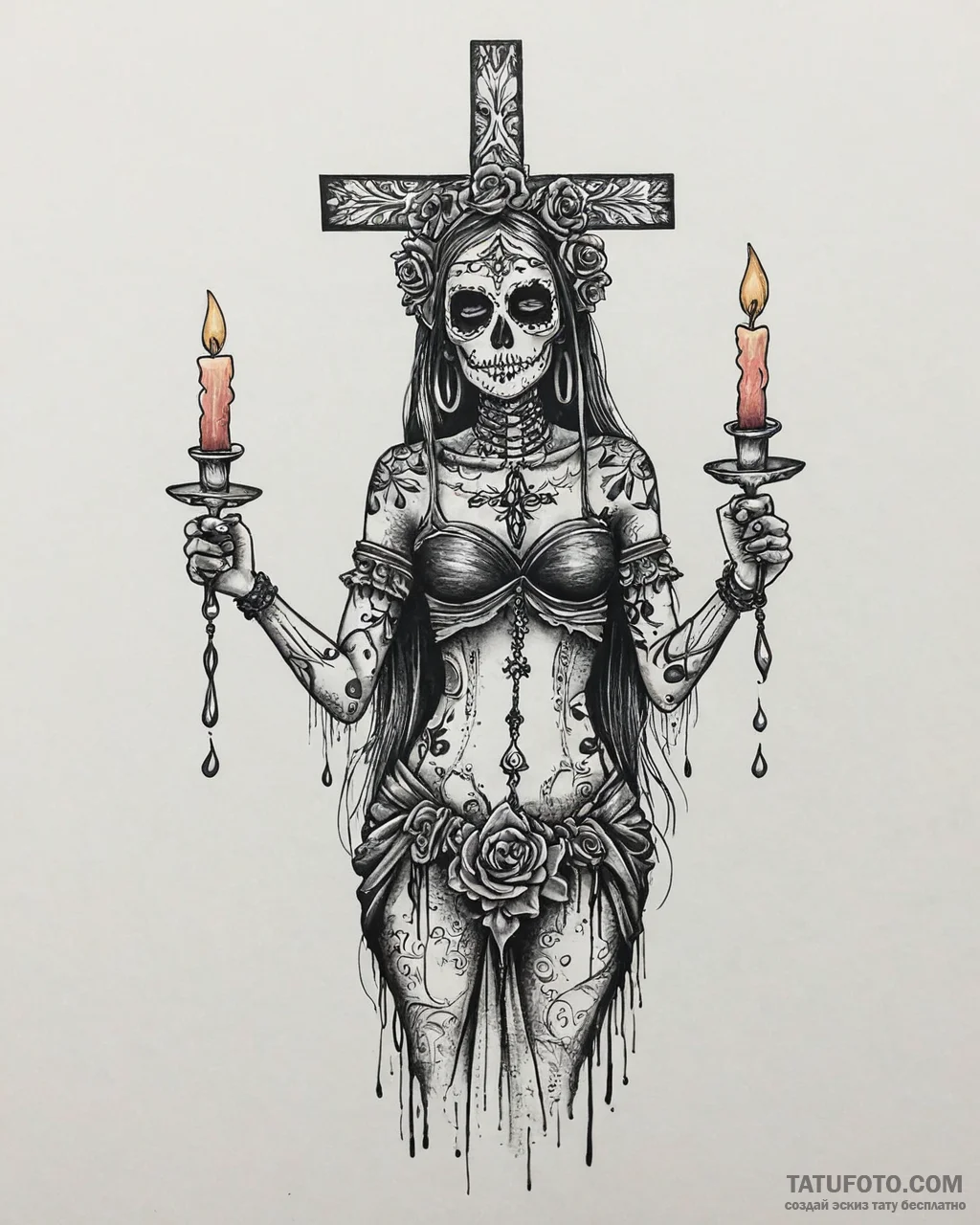 Tat tattoo sketch, la muerte dancing with can... - эскиз тату (№1753668093_0, 28.07.2025 02:01) — Tatufoto.com