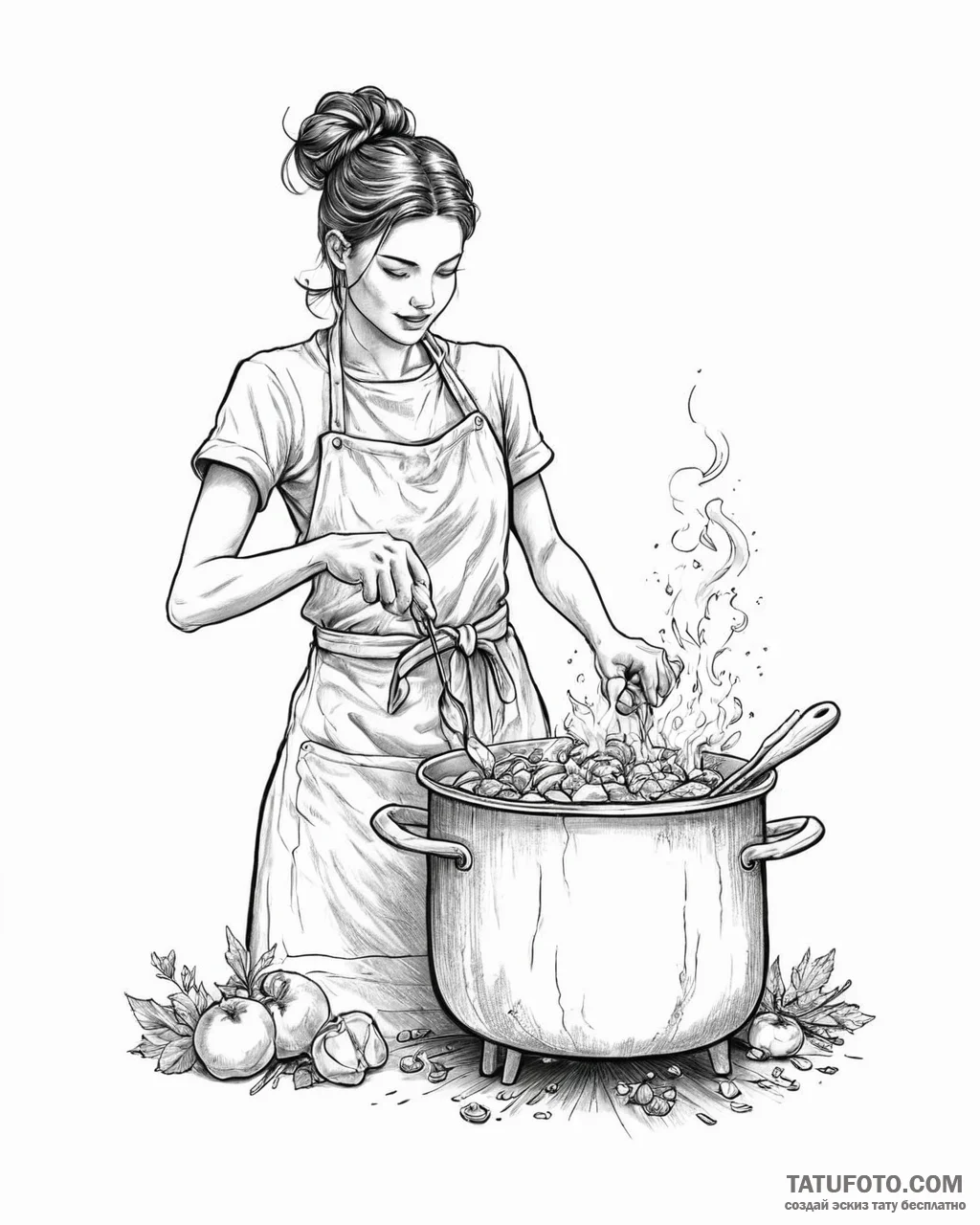 Tattoo sketch, rustic cook stirring a large p... - эскиз тату (№1753668878_0, 28.07.2025 02:14) — Tatufoto.com