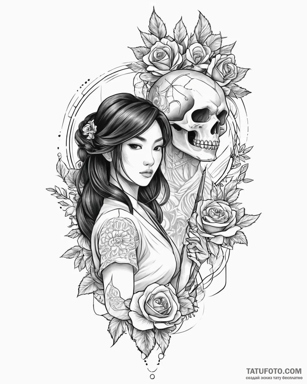 Tattoo sketch, mulan holding fan with warrior... - эскиз тату (№1753669859_0, 28.07.2025 02:30) — Tatufoto.com