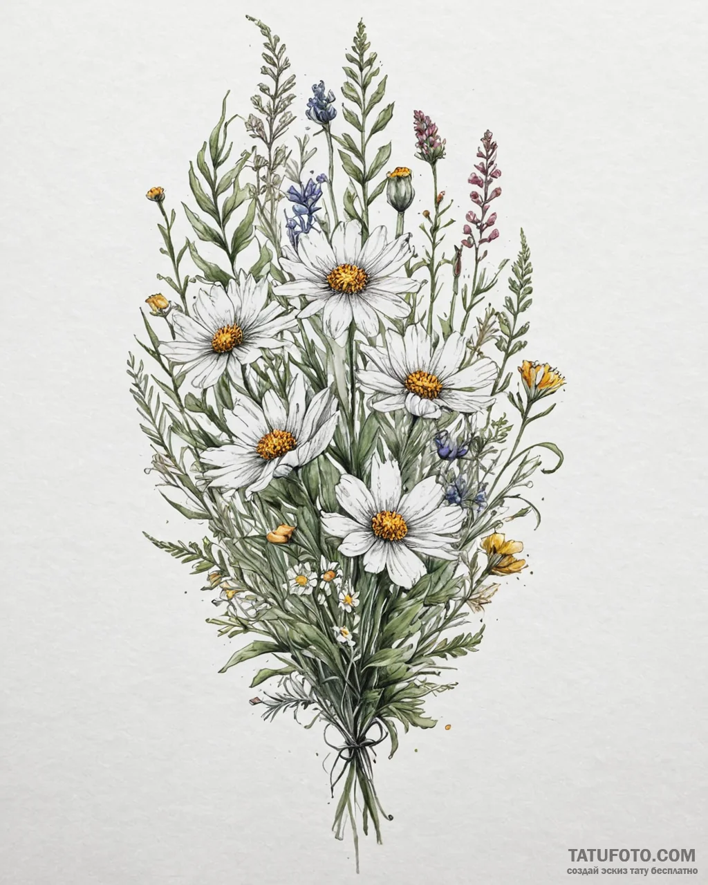 Tat tattoo sketch, wild meadow flowers painte... - эскиз тату (№1753671253_0, 28.07.2025 02:54) — Tatufoto.com