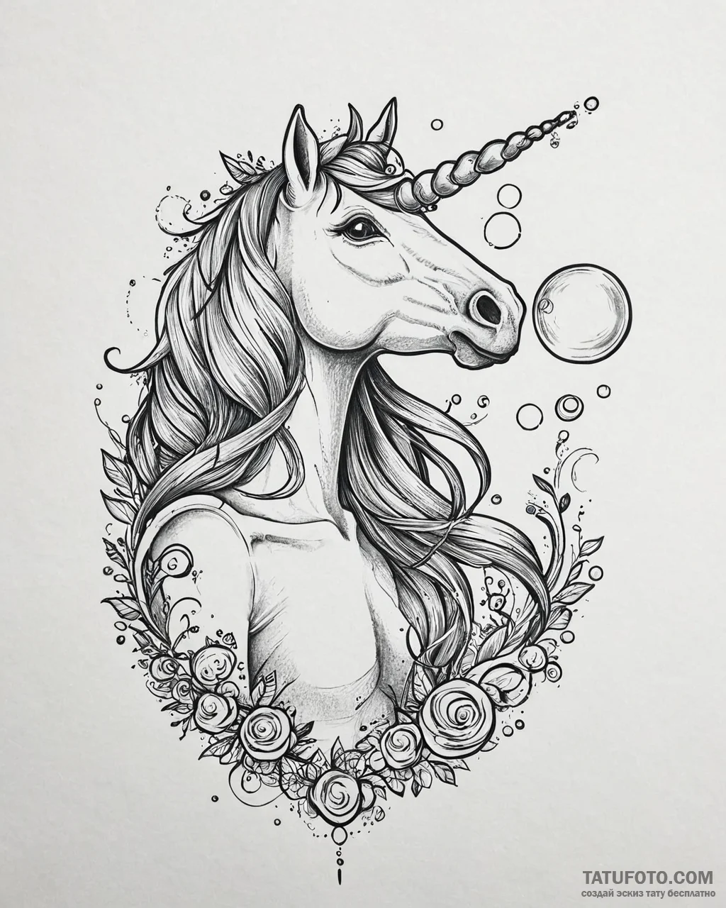 Tattoo sketch, agnes blowing bubbles with uni... - эскиз тату (№1753671456_0, 28.07.2025 02:57) — Tatufoto.com