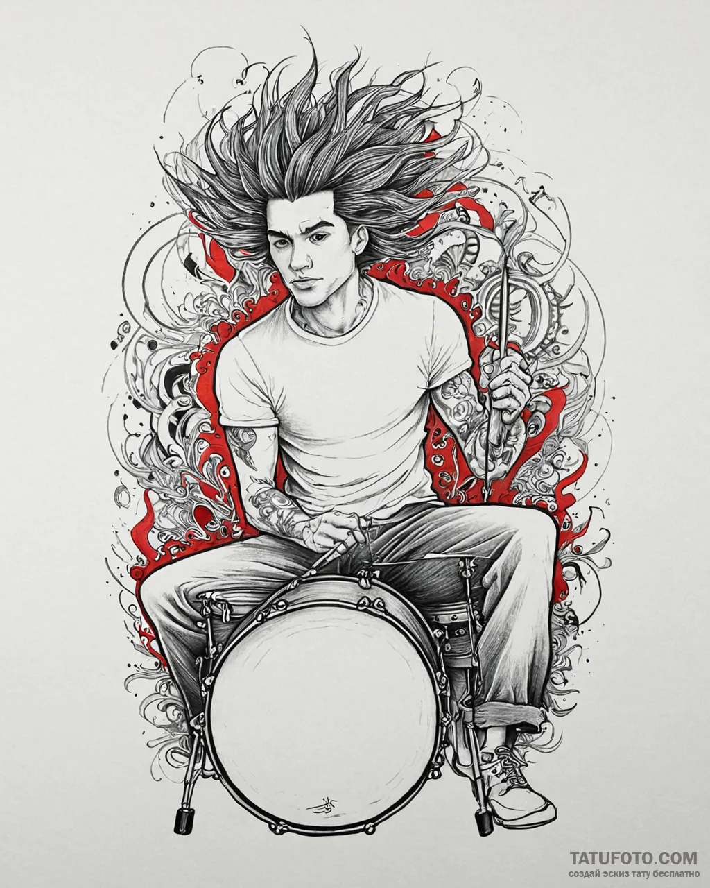 Tattoo sketch, stuart playing drums with wild... - эскиз тату (№1753671658_0, 28.07.2025 03:00) — Tatufoto.com