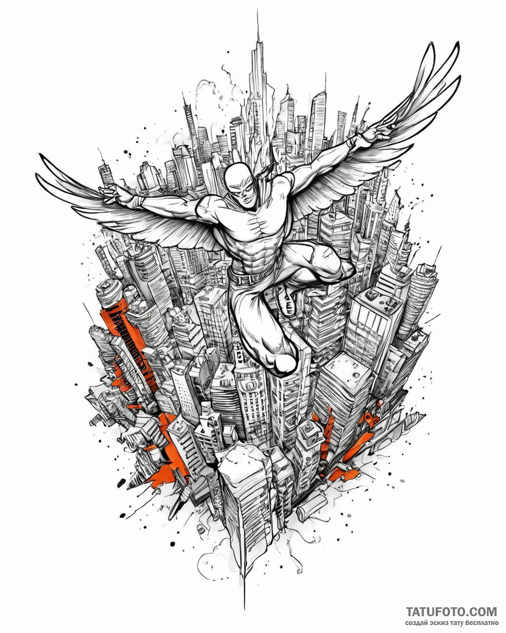 Tat tattoo sketch, comic book hero flying ove... - эскиз тату (№1753673637_0, 28.07.2025 03:33) — Tatufoto.com