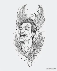 Tattoo sketch, tulio laughing with feathers f... - эскиз тату (№1753676259_0, 28.07.2025 04:17) — Tatufoto.com