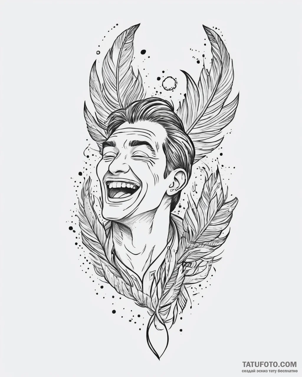 Tattoo sketch, tulio laughing with feathers f... - эскиз тату (№1753676259_0, 28.07.2025 04:17) — Tatufoto.com