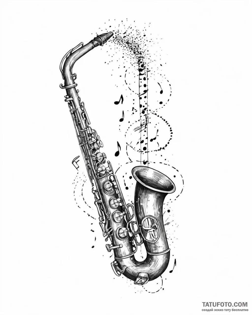 Tattoo sketch, jazz saxophone with musical no... - эскиз тату (№1753677246_0, 28.07.2025 04:34) — Tatufoto.com