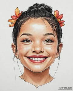 Tattoo sketch, lilo’s face close-up smiling,... - эскиз тату (№1753677834_0, 28.07.2025 04:43) — Tatufoto.com